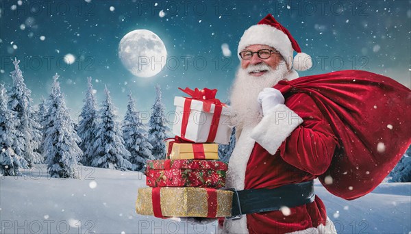 AI generated, man, 70+, Father Christmas, red coat, backpack, full beard, winter, snow, ice, fir