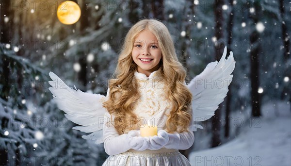 AI generated, girl, angel, winter, snow, ice, firs, snowy, snowflakes, winter landscape, costume,