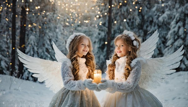 AI generated, girl, angel, winter, snow, ice, firs, snowy, snowflakes, winter landscape, costume,