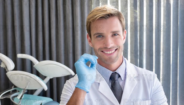 A friendly dentist in his practice, 35, portrait, attractive, attractive, friendly, friendly,