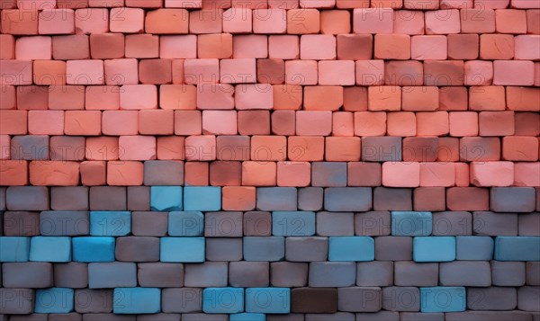 A wall with bricks transitioning in color from orange to blue, creating a gradient effect AI