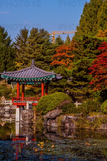 Oriental gazebo with terracotta tile roof at edge of man made pond and yellow construction crane
