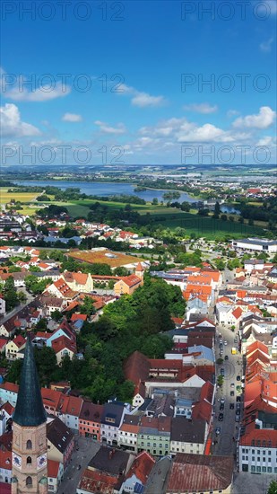 Aerial view of Dingolfing with a view of the historic town centre. Dingolfing, Lower Bavaria,