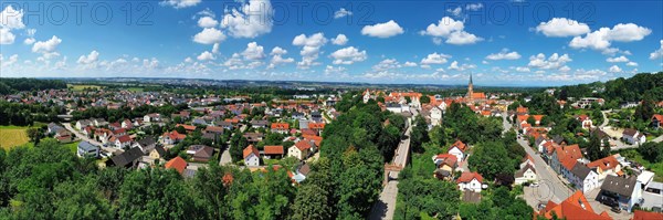 Aerial view of Dingolfing with a view of the historic town centre. Dingolfing, Lower Bavaria,