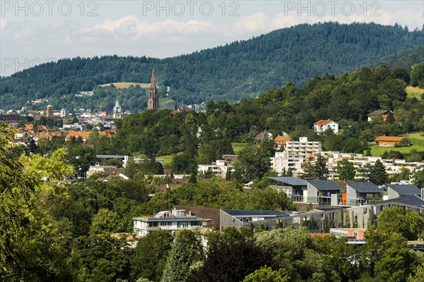 City view, in the foreground the Vauban neighbourhood, Freiburg im Breisgau, Black Forest,
