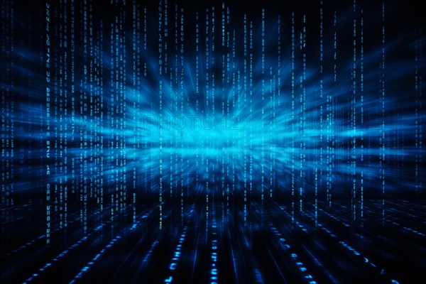 Blue dynamic digital data streams, showcasing flowing lines of code in a mesmerizing pattern, ideal