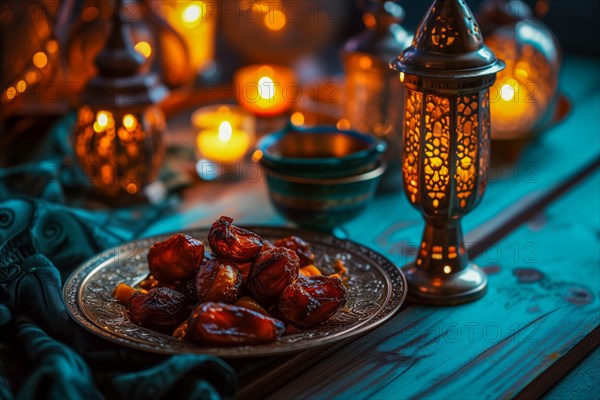 Ramadan lantern to a plate of succulent figs, set on an ornate table with intricate designs,