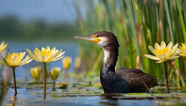 Ai generated, animal, animals, bird, birds, biotope, habitat, an, individual, swims, waters, reeds,