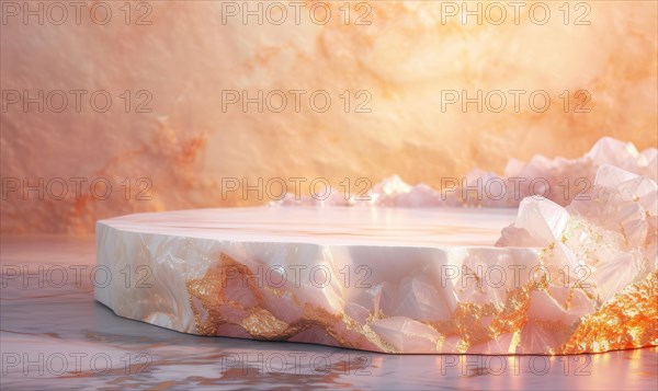 Abstract background with marble podium and rose quartz, minimal scene for product display AI