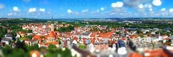 Aerial view of Dingolfing with a view of the historic town centre. Dingolfing, Lower Bavaria,