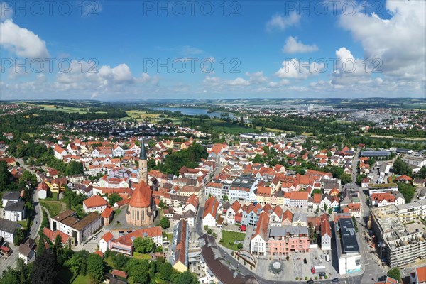 Aerial view of Dingolfing with a view of the historic town centre. Dingolfing, Lower Bavaria,