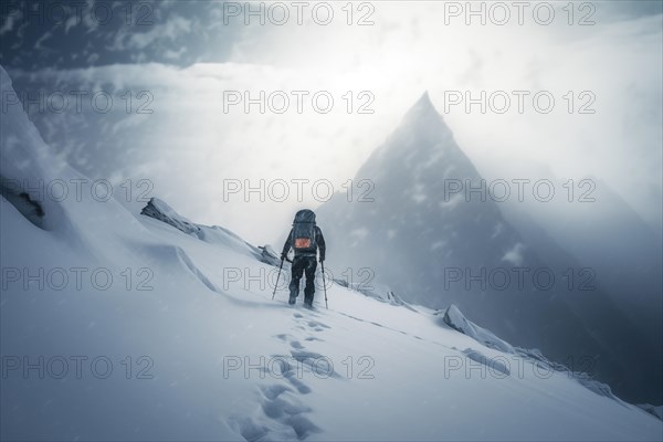 A mountaineer in mountains approaching a majestic snowy mountain peak amidst a snowfall and snow