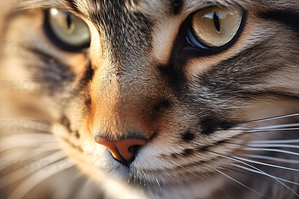Close up of face of Main Coon cat, AI generated