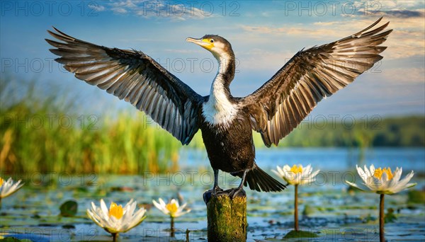 Ai generated, animal, animals, bird, birds, biotope, habitat, a, single animal, stands on pole,