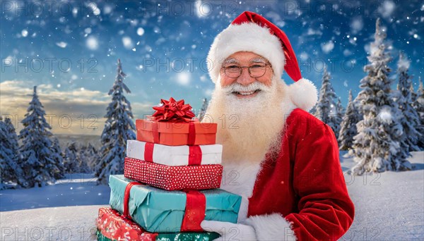 AI generated, man, 70+, Father Christmas, red coat, backpack, full beard, winter, snow, ice, fir