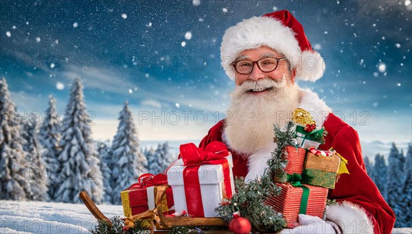 AI generated, man, 70+, Father Christmas, red coat, backpack, full beard, winter, snow, ice, fir