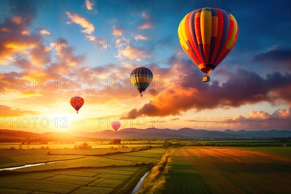 A colorful hot air balloons floats in sky over a blooming field meadow of flowers landscape at