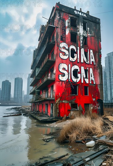 Symbolic image for the collapse of Rene Benko's SIGNA Group, a red tower block with the company
