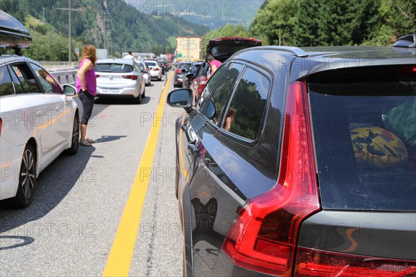 Traffic jam in front of the Gotthard tunnel due to an accident in the tunnel (Switzerland,