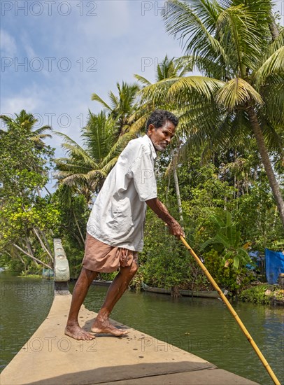 A man navigates a boat through the canals of the Kerala Backwaters using a long pole, Vembanad