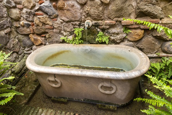 Stone water fountain bath in garden of historic Moorish palace Alcazaba, Malaga, Andalusia, Spain,