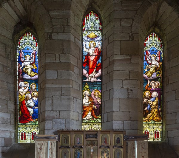 Stained glass east window church of Saint Mary the Virgin, Holy Island, Lindisfarne,