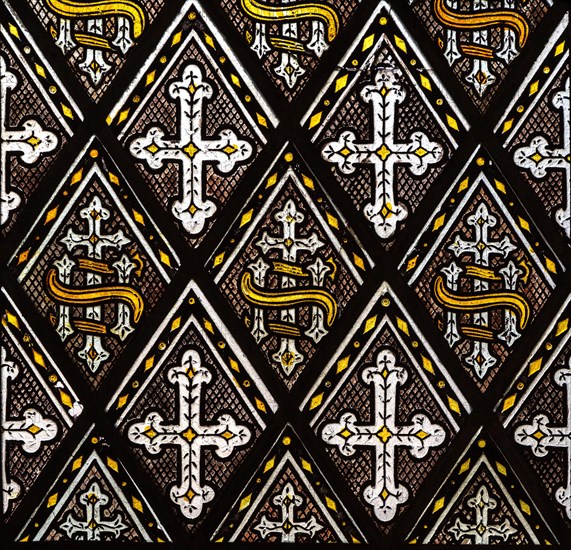 Stained glass windows 1862 ornamental IHS tracery pattern James Powell and Sons, Beechingstoke