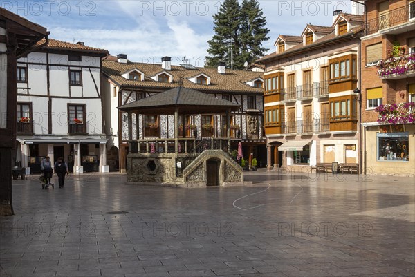 Historic buildings in Plaza Conde de Torremuzquiz, town of Ezcaray, La Rioja Alta, Spain Plaza