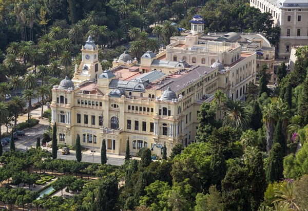 View over city hall Ayuntamiento building in city centre, Malaga, Andalusia, Spain built 1919