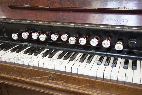 Close up of keyboard of church organ