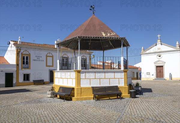 Bandstand and local government office in village square of Pavia, Alentejo, Portugal, Southern