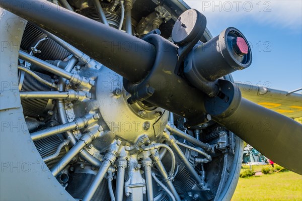 Closeup of propeller and radial engine of antique airplane on display in public park in Seosan,