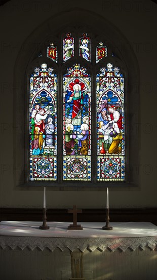 Raising of Lazarus, Ascension, Raising of daughter of Jairus depicted in stained glass window by