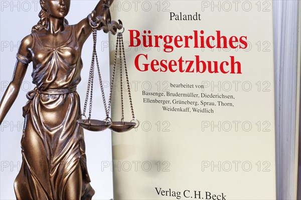 Symbolic image of a court judgement: Justitia with the Palandt (German Civil Code) in the