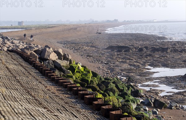 Land protected by rock armour coastal defences, Bawdsey, Suffolk, England, UK low tide reveals