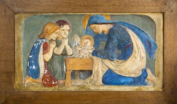 Nativity panel in plaster with blessed Virgin Mary baby Jesus and two children by Ellen Mary Rope
