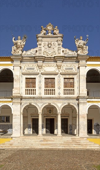 Facade of old chapel Colegio do Espirito Santo, historic courtyard of Evora University, Evora, Alto