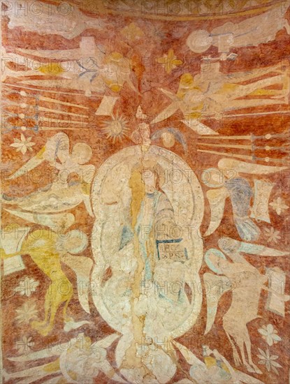 Medieval frescoes church of Saint Mary, Kempley, Gloucestershire, England, UK, Christ in Majesty