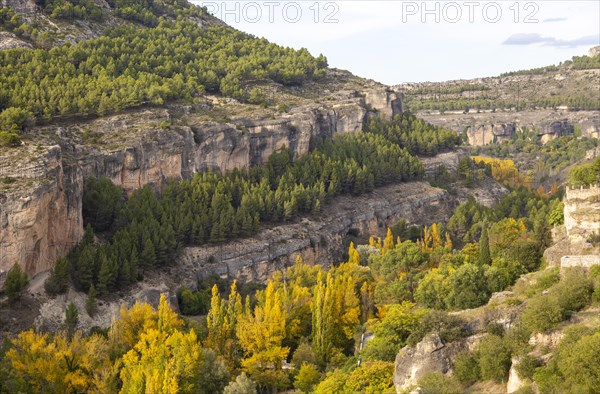 Landscape scenery of river Rio Jucar gorge with historic buildings, Cuenca, Castille La Mancha,