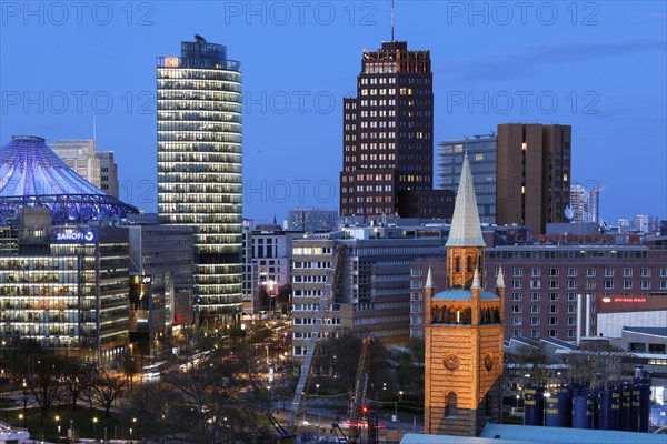 Sony Center, DB Tower, Kollhoff Tower and St Matthew's Church on Potsdamer Platz, Berlin, 26 April