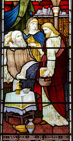 Stained glass window Bedingfield church, Suffolk, England, UK c 1878, I Was Sick and Ye Visited Me,