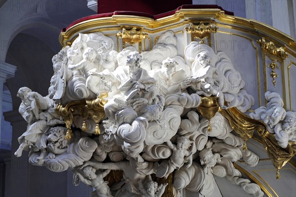 Detail, pulpit, interior view of St Trinitatis Cathedral, altar, nave, Dresden, Free State of