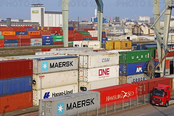 Large stack of shipping containers or storage containers in the Rhine harbour of Mannheim
