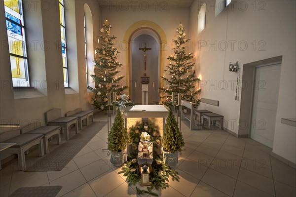 Chancel decorated for Christmas in the Maria Schnee branch church, Baernfels, Upper Franconia,
