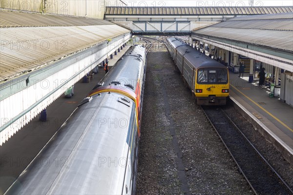 Trains at platform in St David's railway station, Exeter, Devon, England, UK, British Rail Class