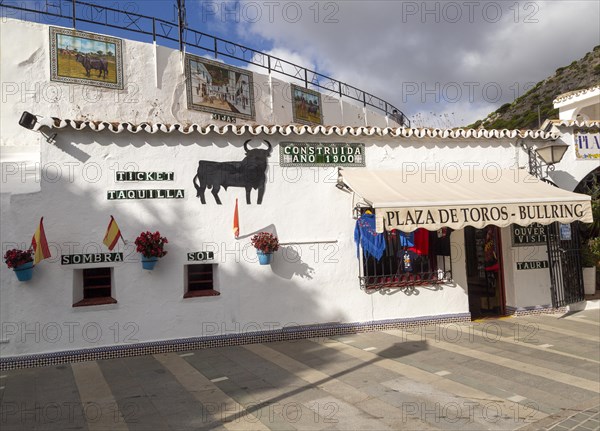 Bullring built 1900, Mijas, Costa del Sol, Malaga Province, Andalusia, Spain ticket windows for sun