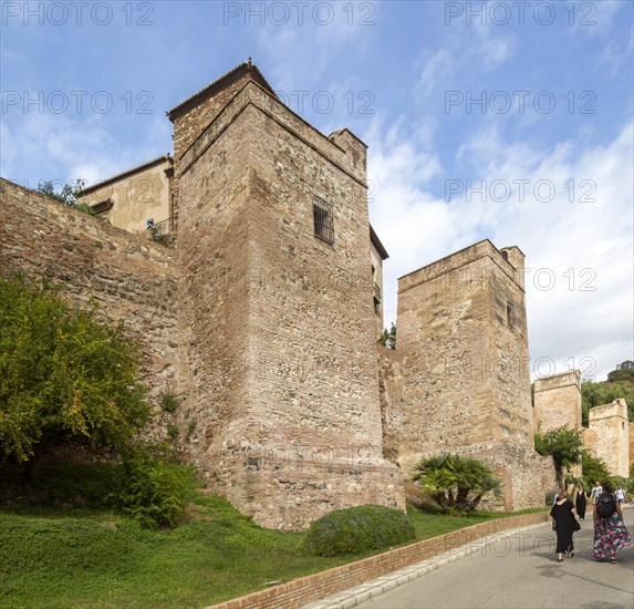 Historic walled defences to Moorish citadel fortress palace of the Alcazaba, Malaga, Andalusia,