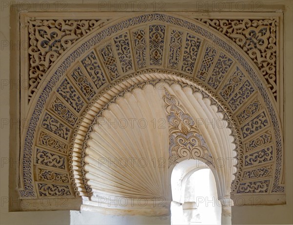 Islamic design architectural detail inside the Moorish palace of the Alcazaba, Malaga, Andalusia,