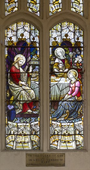 Stained glass window of Jesus Christ and Mary at table, church of Saint Margaret, Linstead Parva,