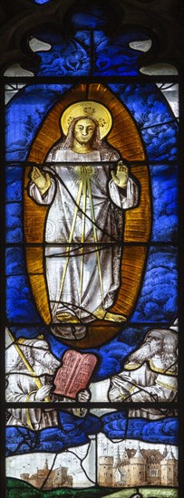 Sixteenth century stained glass windows inside church of Saint Mary, Fairford, Gloucestershire,
